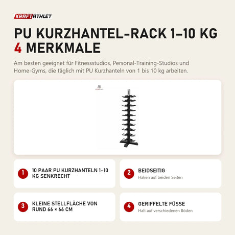 tiguar PU Kurzhantel-Rack 1–10 kg mit 4 Merkmalen: 10 Paar PU Kurzhanteln 1–10 kg senkrecht, Beidseitig, Kleine Stellfläche von rund 66 × 66 cm, Geriffelte Füße