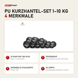 tiguar PU Kurzhantel-Set 1–10 kg mit 4 Merkmalen: 10 Paar von 1 bis 10 kg, Festgewicht, Gerändelte Stahlgriffe, PU-Köpfe