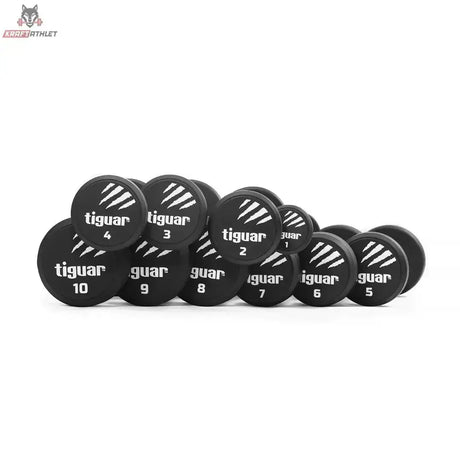 tiguar PU Kurzhantel-Set 1–10 kg als Übersicht der schwarzen Kurzhanteln mit Gewichtsangaben