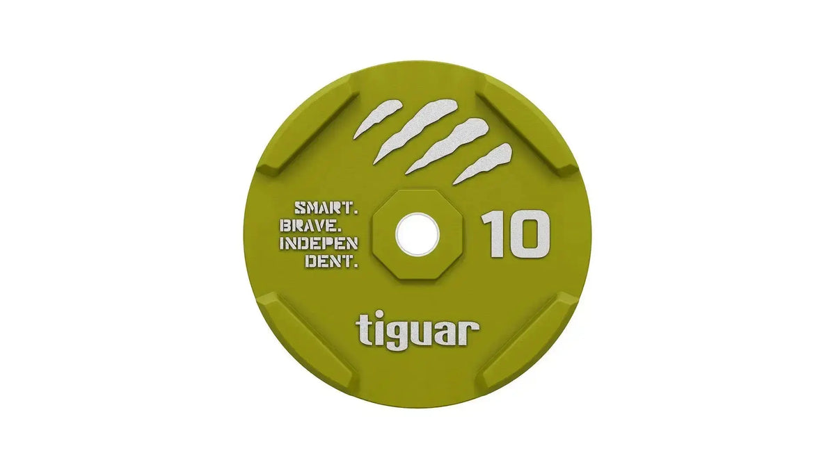 tiguar Rubber Bumper Plate 10 kg, Draufsicht der 10-kg-Variante in Olivgrün mit Logo