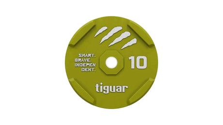 tiguar Rubber Bumper Plate 10 kg, Draufsicht der 10-kg-Variante in Olivgrün mit Logo