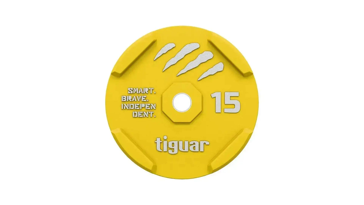 tiguar Rubber Bumper Plate 10 kg, Draufsicht der 15-kg-Variante in Gelb mit Logo