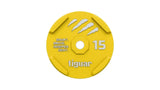 tiguar Rubber Bumper Plate 10 kg, Draufsicht der 15-kg-Variante in Gelb mit Logo