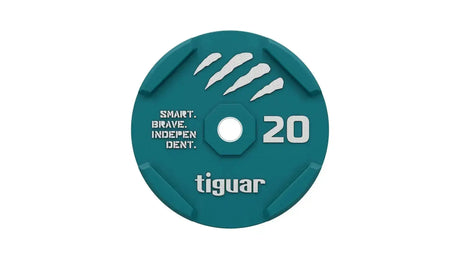 tiguar Rubber Bumper Plate 10 kg, Draufsicht der 20-kg-Variante in Petrol mit Logo