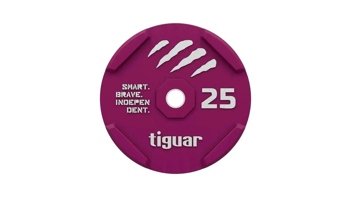 tiguar Rubber Bumper Plate 10 kg, Draufsicht der 25-kg-Variante in Magenta mit Logo