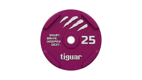 tiguar Rubber Bumper Plate 10 kg, Draufsicht der 25-kg-Variante in Magenta mit Logo