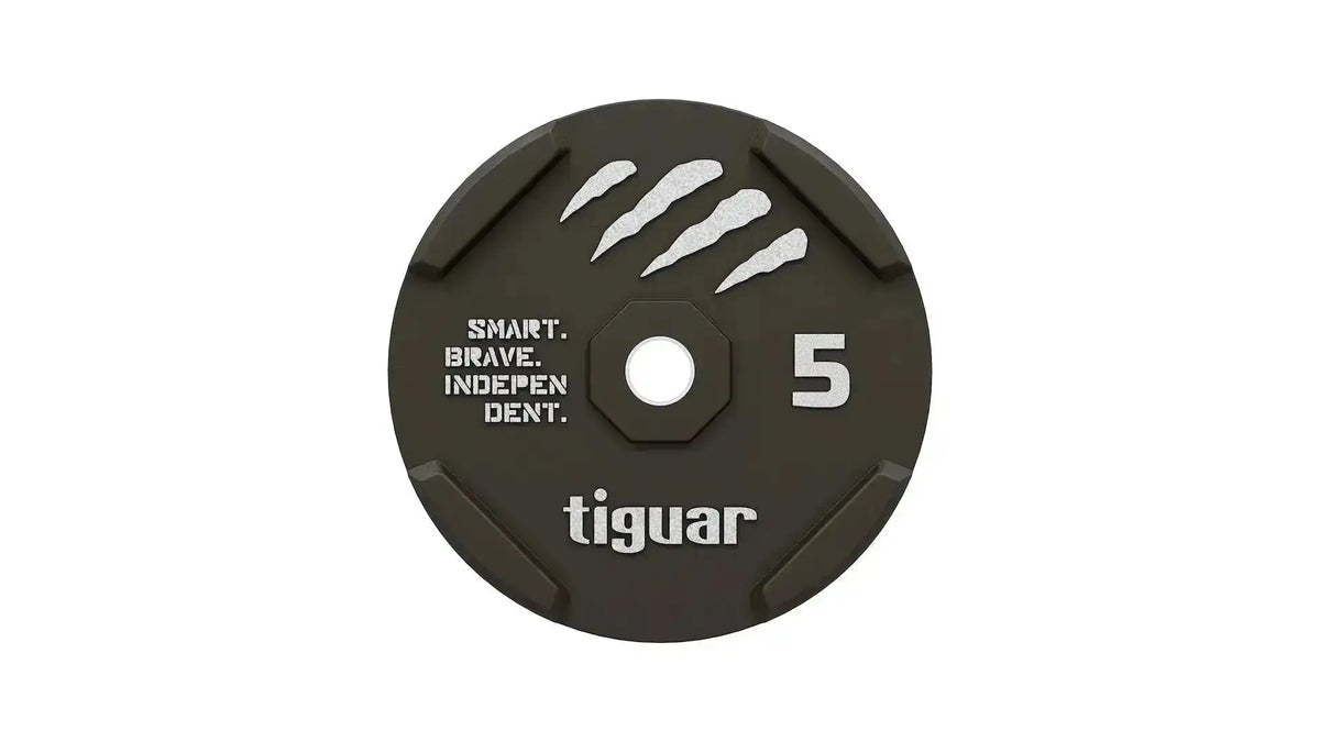tiguar Rubber Bumper Plate 10 kg, Draufsicht der 5-kg-Variante in Braun mit Logo