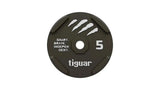 tiguar Rubber Bumper Plate 10 kg, Draufsicht der 5-kg-Variante in Braun mit Logo