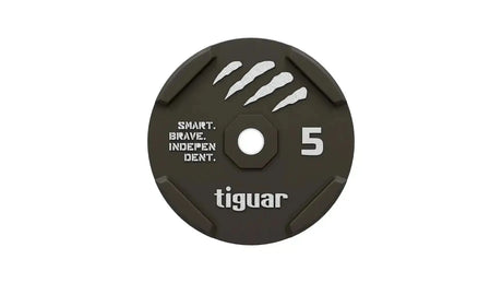 tiguar Rubber Bumper Plate 10 kg, Draufsicht der 5-kg-Variante in Braun mit Logo
