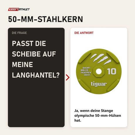 Frage und Antwort zu tiguar Rubber Bumper Plate 10 kg: Passt die Scheibe auf meine Langhantel?