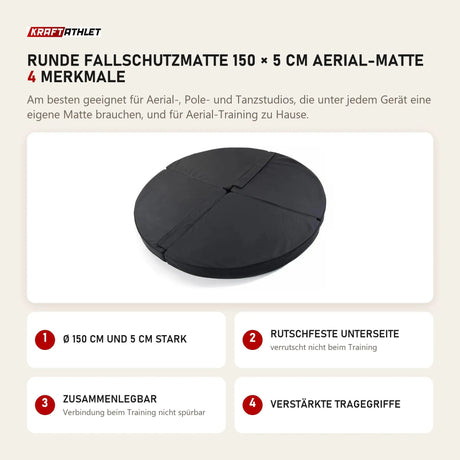 tiguar Runde Fallschutzmatte 150 × 5 cm Aerial-Matte mit 4 Merkmalen: Ø 150 cm und 5 cm stark, Rutschfeste Unterseite, Zusammenlegbar, Verstärkte Tragegriffe
