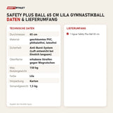Technische Daten und Lieferumfang von tiguar Safety Plus Ball 65 cm Lila Gymnastikball als Tabelle