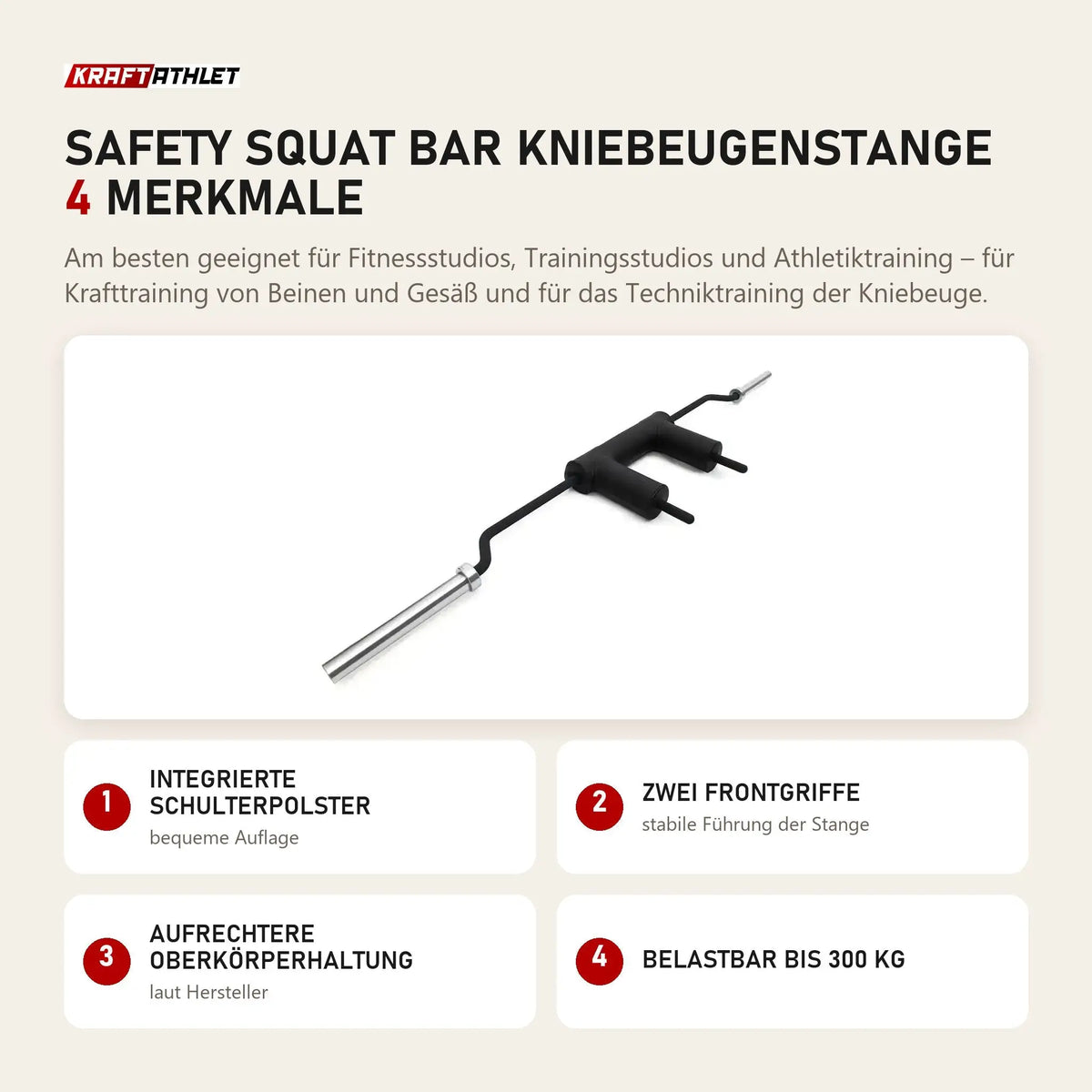 tiguar Safety Squat Bar Kniebeugenstange mit 4 Merkmalen: Integrierte Schulterpolster, Zwei Frontgriffe, Aufrechtere Oberkörperhaltung, Belastbar bis 300 kg