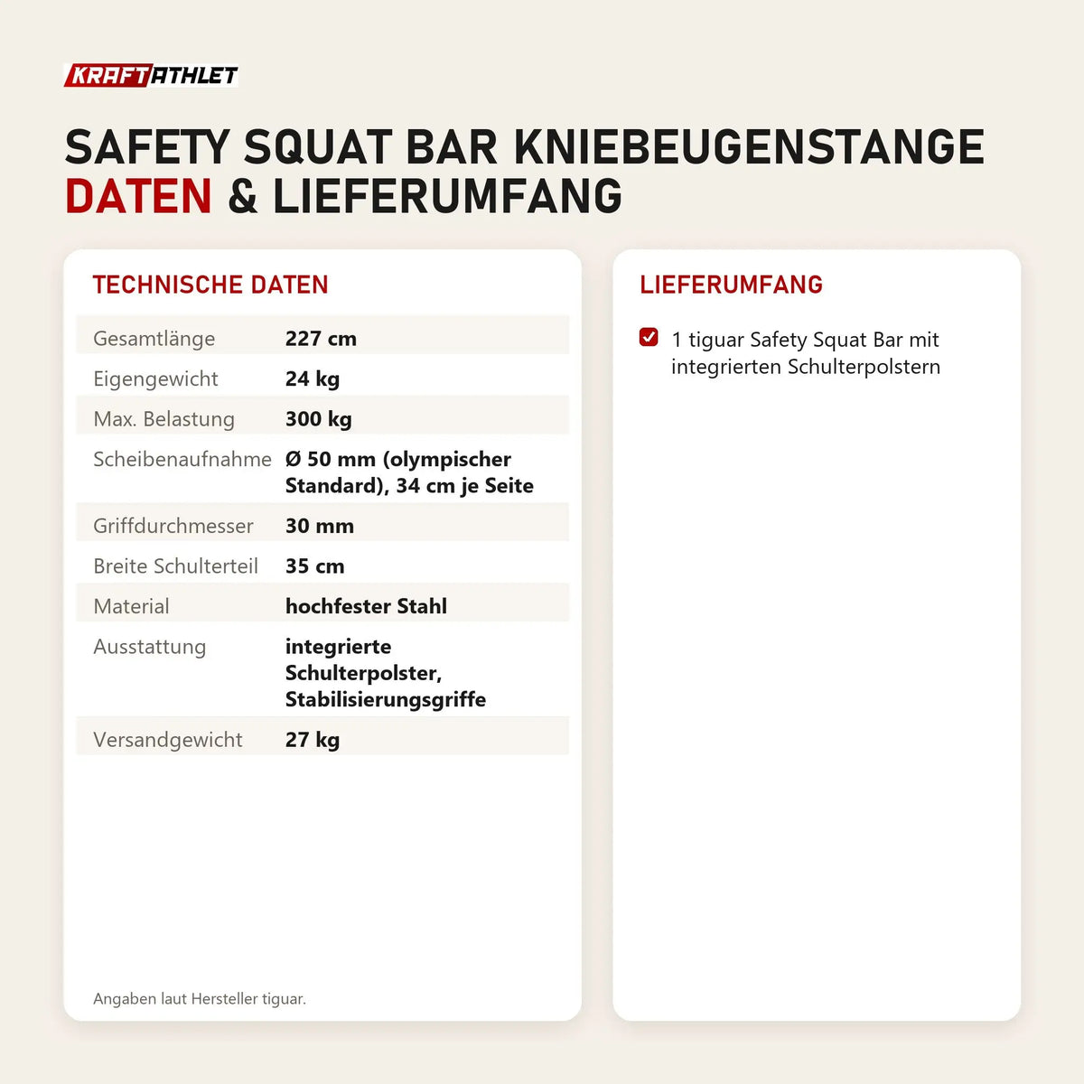 Technische Daten und Lieferumfang von tiguar Safety Squat Bar Kniebeugenstange als Tabelle