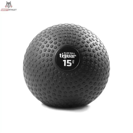 tiguar Slam Ball 15 kg für Bodenwürfe in Frontansicht, schwarzer Ball mit Noppenstruktur und Gewichtsaufdruck 15