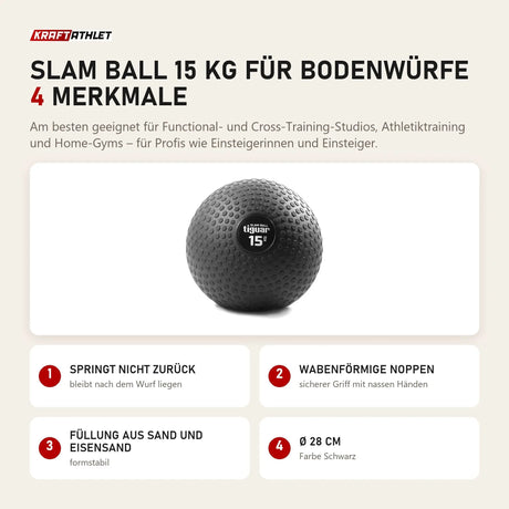tiguar Slam Ball 15 kg für Bodenwürfe mit 4 Merkmalen: Springt nicht zurück, Wabenförmige Noppen, Füllung aus Sand und Eisensand, Ø 28 cm