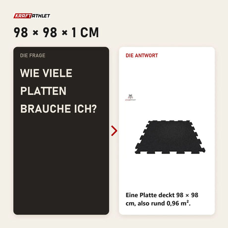 Frage und Antwort zu tiguar SLICE Puzzle Bodenplatte 98 × 98 × 1 cm Gummiboden: Wie viele Platten brauche ich?