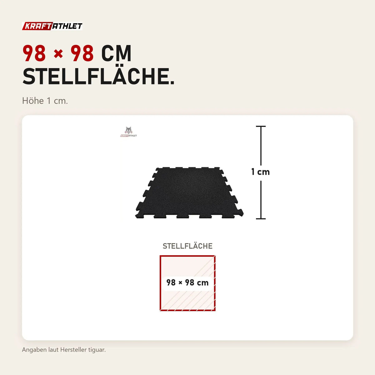 Maßbild tiguar SLICE Puzzle Bodenplatte 98 × 98 × 1 cm Gummiboden: Stellfläche 98 × 98 cm, Höhe 1 cm