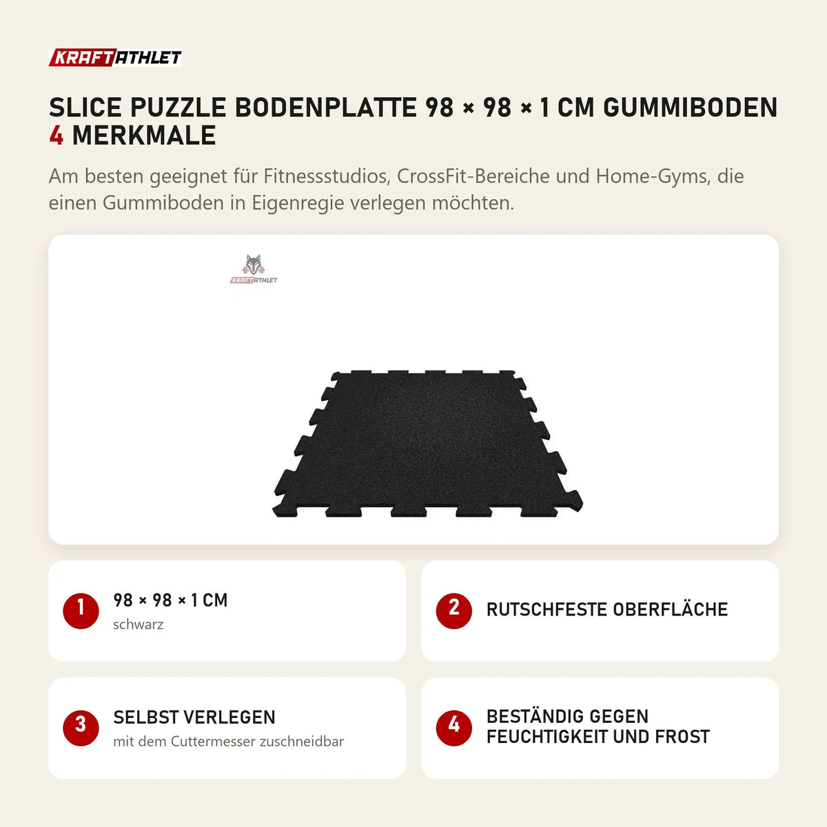 tiguar SLICE Puzzle Bodenplatte 98 × 98 × 1 cm Gummiboden mit 4 Merkmalen: 98 × 98 × 1 cm, Rutschfeste Oberfläche, Selbst verlegen, Beständig gegen Feuchtigkeit und Frost