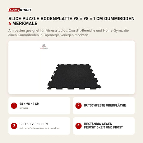 tiguar SLICE Puzzle Bodenplatte 98 × 98 × 1 cm Gummiboden mit 4 Merkmalen: 98 × 98 × 1 cm, Rutschfeste Oberfläche, Selbst verlegen, Beständig gegen Feuchtigkeit und Frost