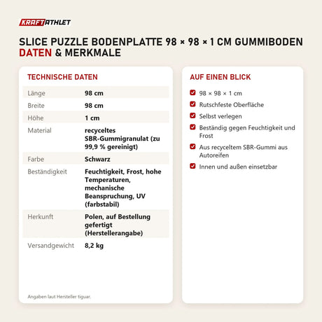 Technische Daten und Merkmale von tiguar SLICE Puzzle Bodenplatte 98 × 98 × 1 cm Gummiboden als Tabelle