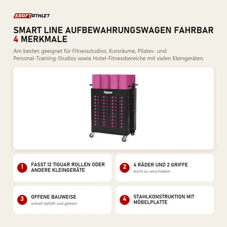 tiguar Smart Line Aufbewahrungswagen fahrbar mit 4 Merkmalen: Fasst 12 Rollen oder andere Kleingeräte, 4 Räder und 2 Griffe, Offene Bauweise, Stahlkonstruktion mit Möbelplatte