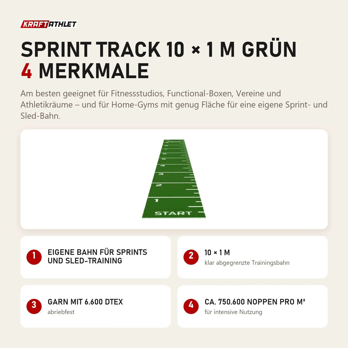 tiguar Sprint Track 10 × 1 m grün mit 4 Merkmalen: Eigene Bahn für Sprints und Sled-Training, 10 × 1 m, Garn mit 6.600 dtex, Ca. 750.600 Noppen pro m²