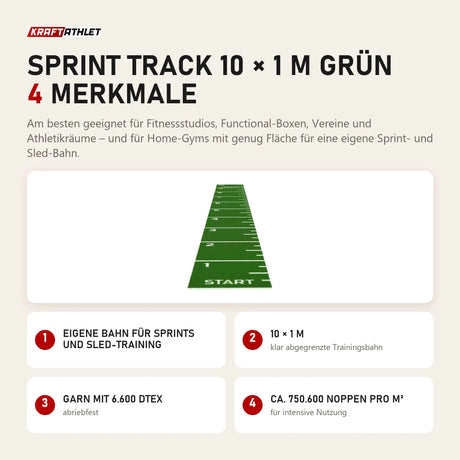 tiguar Sprint Track 10 × 1 m grün mit 4 Merkmalen: Eigene Bahn für Sprints und Sled-Training, 10 × 1 m, Garn mit 6.600 dtex, Ca. 750.600 Noppen pro m²