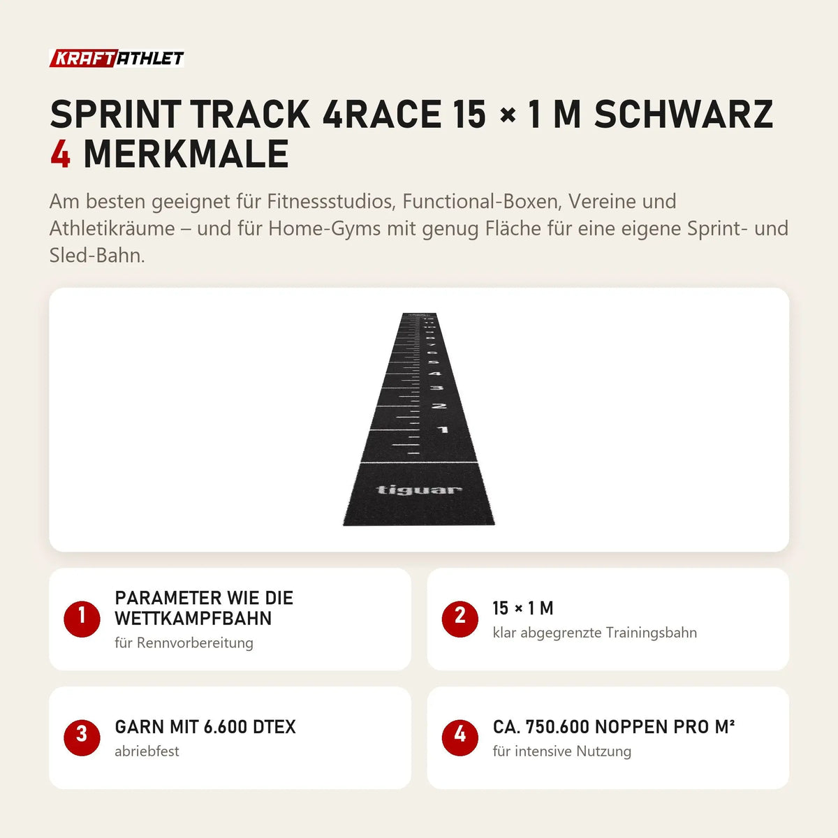 tiguar Sprint Track 4RACE 15 × 1 m schwarz mit 4 Merkmalen: Parameter wie die Wettkampfbahn, 15 × 1 m, Garn mit 6.600 dtex, Ca. 750.600 Noppen pro m²