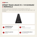tiguar Sprint Track 4RACE 15 × 1 m schwarz mit 4 Merkmalen: Parameter wie die Wettkampfbahn, 15 × 1 m, Garn mit 6.600 dtex, Ca. 750.600 Noppen pro m²
