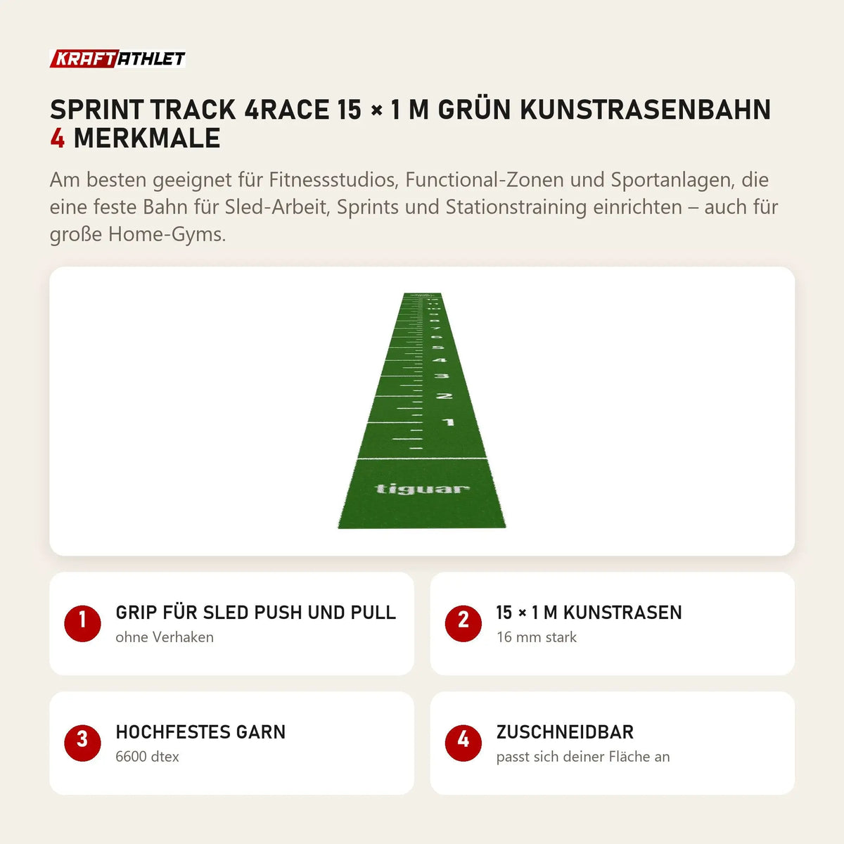 tiguar Sprint Track 4RACE 15 × 1 m Grün Kunstrasenbahn mit 4 Merkmalen: Grip für Sled Push und Pull, 15 × 1 m Kunstrasen, Hochfestes Garn, Zuschneidbar