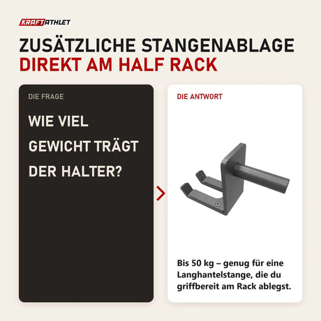 Frage und Antwort zu tiguar Stangenhalter für Half Rack: Wie viel Gewicht trägt der Halter?