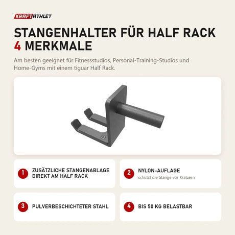 tiguar Stangenhalter für Half Rack mit 4 Merkmalen: Zusätzliche Stangenablage direkt am Half Rack, Nylon-Auflage, Pulverbeschichteter Stahl, Bis 50 kg belastbar