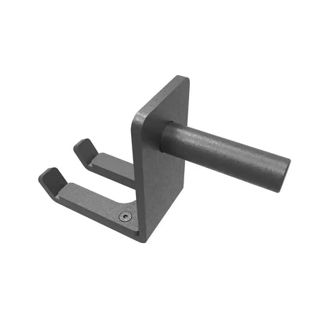 tiguar Stangenhalter für Half Rack in Schrägansicht von vorn, grauer Stahlhalter mit Zapfen und Doppelgabel