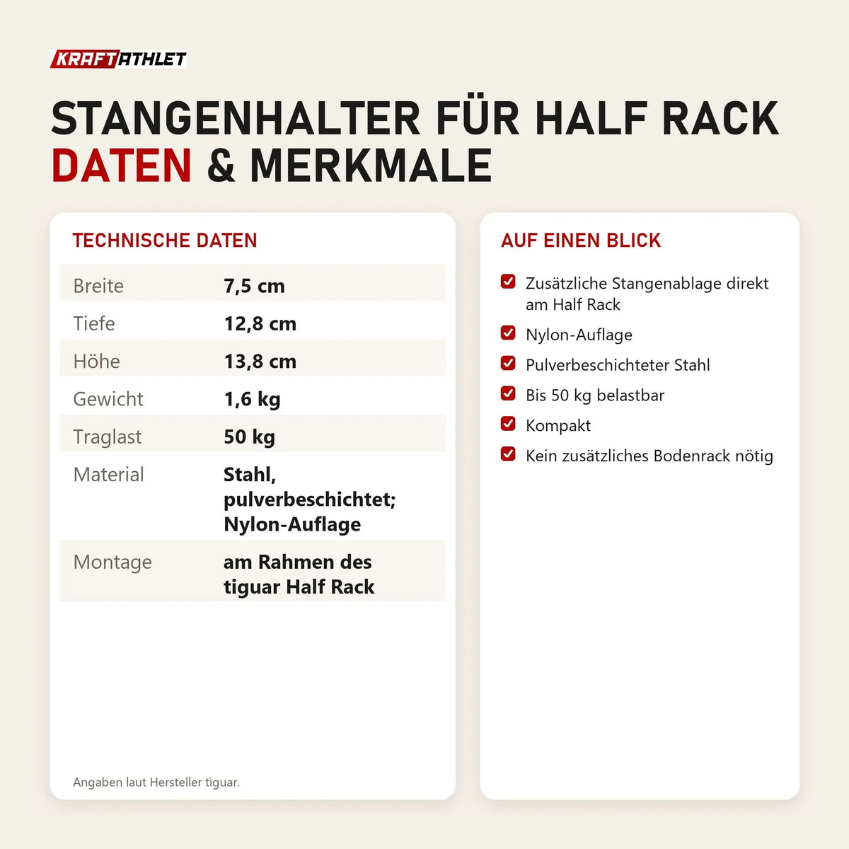 Technische Daten und Merkmale von tiguar Stangenhalter für Half Rack als Tabelle