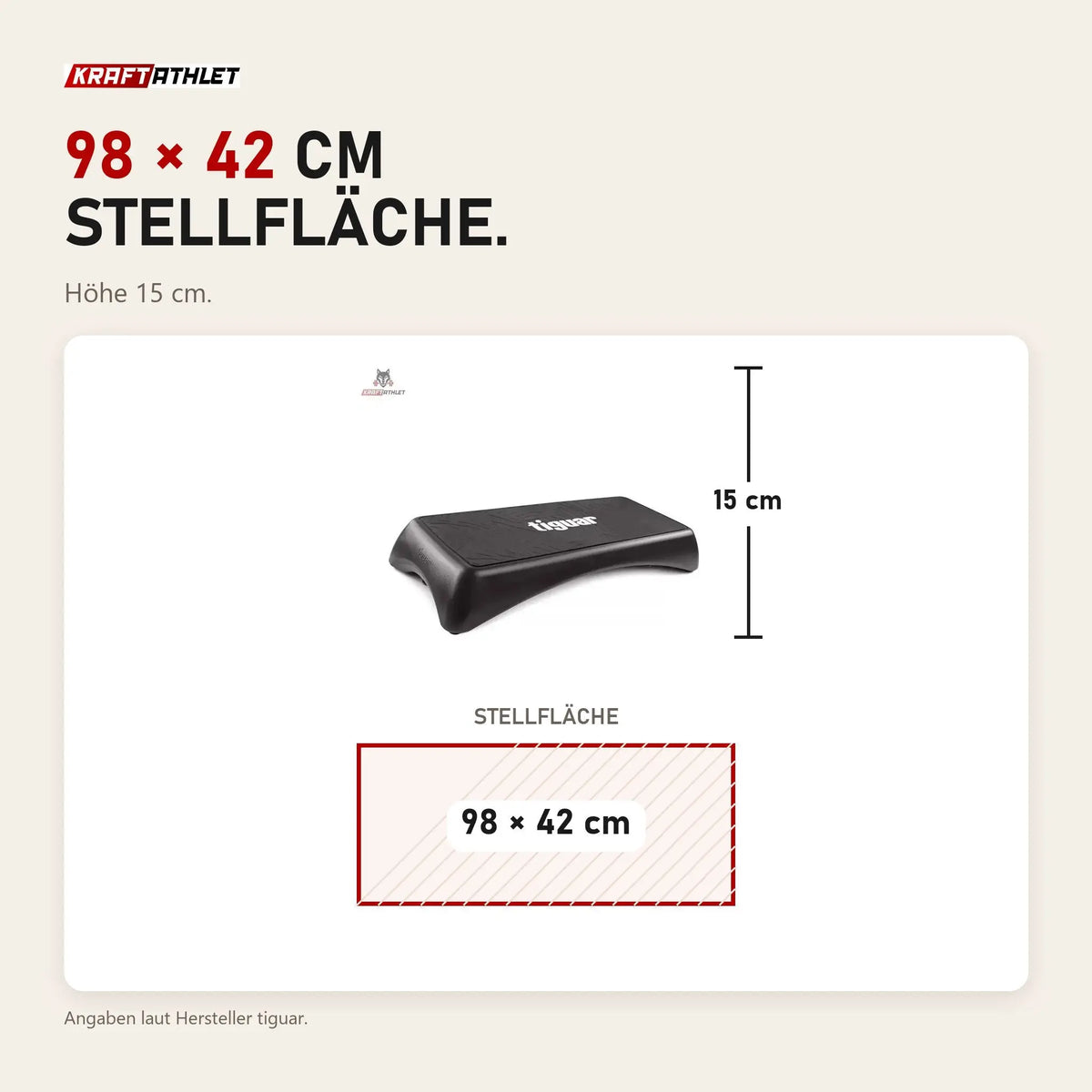 Maßbild tiguar Step-Plattform Graphit: Stellfläche 98 × 42 cm, Höhe 15 cm