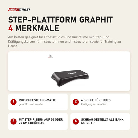 tiguar Step-Plattform Graphit mit 4 Merkmalen: Rutschfeste TPE-Matte, 6 Griffe für Tubes, Mit Step Risern auf 20 oder 24 cm erhöhbar, Schräg gestellt als Bank nutzbar