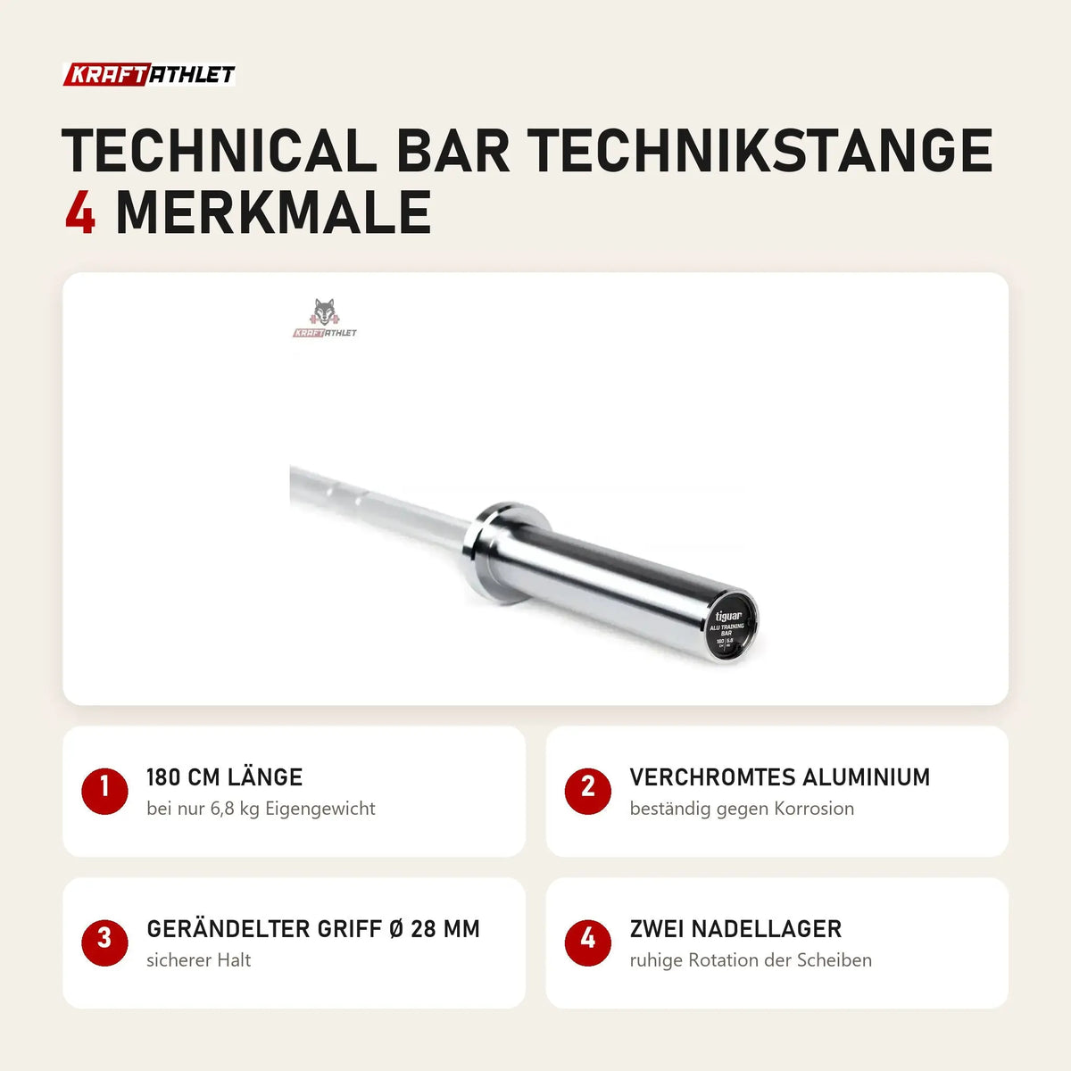 tiguar Technical Bar Technikstange mit 4 Merkmalen: 180 cm Länge, Verchromtes Aluminium, Gerändelter Griff Ø 28 mm, Zwei Nadellager