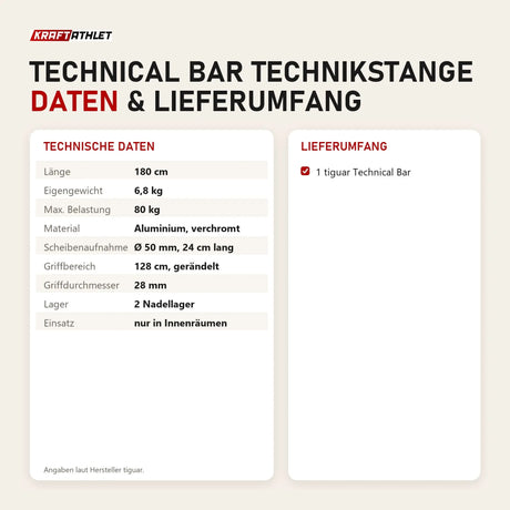 Technische Daten und Lieferumfang von tiguar Technical Bar Technikstange als Tabelle