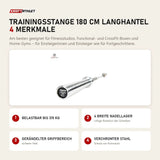 tiguar Trainingsstange 180 cm Langhantel mit 4 Merkmalen: Belastbar bis 315 kg, 4 breite Nadellager, Gerändelter Griffbereich, Verchromter Stahl