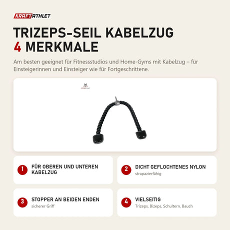 tiguar Trizeps-Seil Kabelzug mit 4 Merkmalen: Für oberen und unteren Kabelzug, Dicht geflochtenes Nylon, Stopper an beiden Enden, Vielseitig