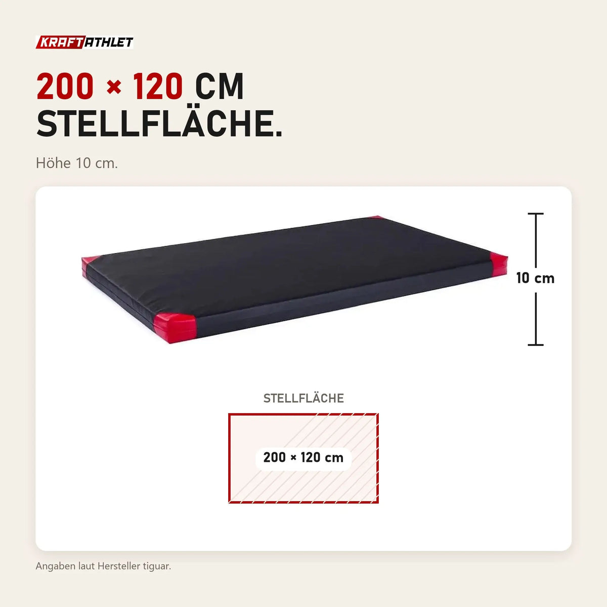 Maßbild tiguar Turnmatte 200 × 120 × 10 cm für Aerial und Gymnastik: Stellfläche 200 × 120 cm, Höhe 10 cm