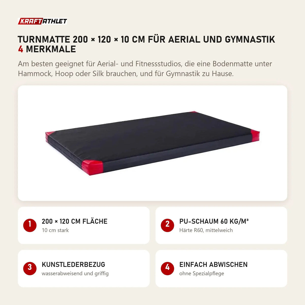 tiguar Turnmatte 200 × 120 × 10 cm für Aerial und Gymnastik mit 4 Merkmalen: 200 × 120 cm Fläche, PU-Schaum 60 kg/m³, Kunstlederbezug, Einfach abwischen