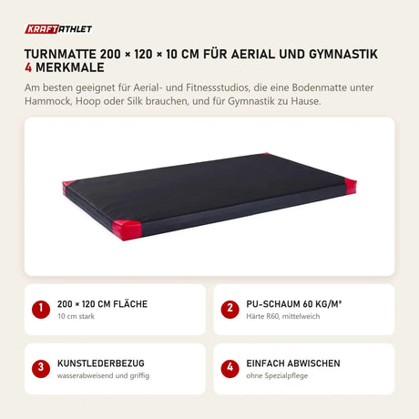 tiguar Turnmatte 200 × 120 × 10 cm für Aerial und Gymnastik mit 4 Merkmalen: 200 × 120 cm Fläche, PU-Schaum 60 kg/m³, Kunstlederbezug, Einfach abwischen