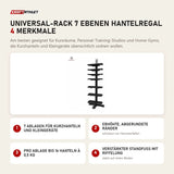 tiguar Universal-Rack 7 Ebenen Hantelregal mit 4 Merkmalen: 7 Ablagen für Kurzhanteln und Kleingeräte, Erhöhte, abgerundete Ränder, Pro Ablage bis 16 Hanteln à 0,5 kg, Verstärkter Standfuß mit Riffelung