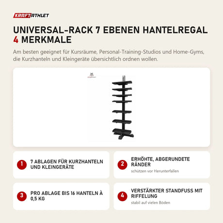 tiguar Universal-Rack 7 Ebenen Hantelregal mit 4 Merkmalen: 7 Ablagen für Kurzhanteln und Kleingeräte, Erhöhte, abgerundete Ränder, Pro Ablage bis 16 Hanteln à 0,5 kg, Verstärkter Standfuß mit Riffelung