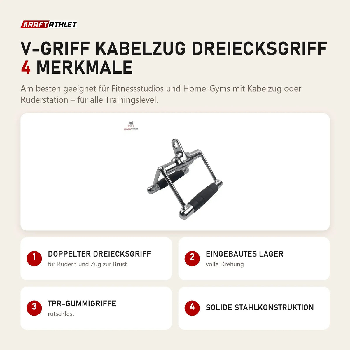 tiguar V-Griff Kabelzug Dreiecksgriff mit 4 Merkmalen: Doppelter Dreiecksgriff, Eingebautes Lager, TPR-Gummigriffe, Solide Stahlkonstruktion