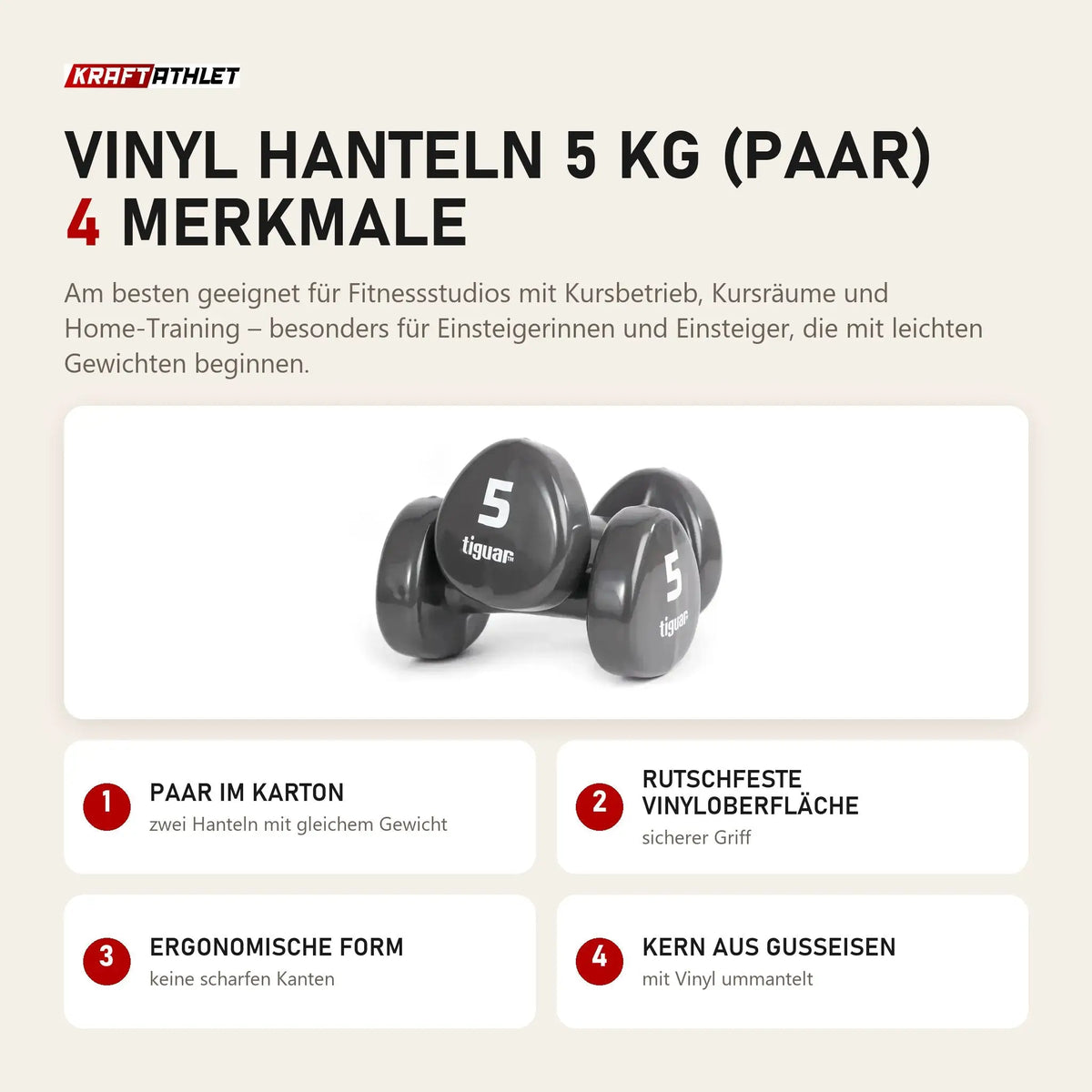 tiguar Vinyl Hanteln 5 kg (Paar) mit 4 Merkmalen: Paar im Karton, Rutschfeste Vinyloberfläche, Ergonomische Form, Kern aus Gusseisen