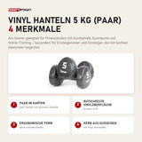 tiguar Vinyl Hanteln 5 kg (Paar) mit 4 Merkmalen: Paar im Karton, Rutschfeste Vinyloberfläche, Ergonomische Form, Kern aus Gusseisen