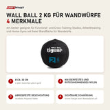 tiguar Wall Ball 2 kg für Wandwürfe mit 4 Merkmalen: Ø ca. 32 cm, Wasserfestes und rutschhemmendes Nylon, Abriebfeste Beschichtung, Sichtbare Schnürung